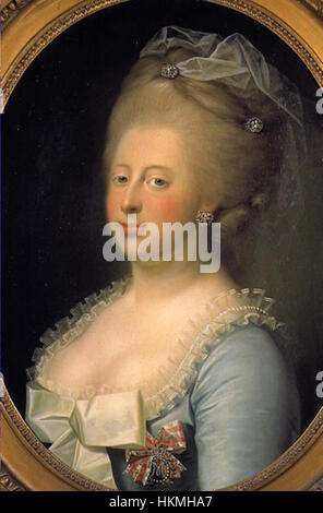 Caroline Mathilde von Dänemark war im 18. Jahrhundert eine Königin von Dänemark und Norwegen. Ihr Porträt, das während ihrer Regierungszeit gemalt wurde, spiegelt oft die Eleganz und den königlichen Status wider, die sie als Ehefrau von König Christian VII. Innehatte. Caroline Mathilde ist bekannt für ihr tragisches Leben und ihre turbulente Ehe. Caroline Mathilde fängt sie in königlicher Kleidung und einem ausgeglichenen Ausdruck ein und verkörpert die persönlichen und politischen Kämpfe ihrer Zeit. Stockfoto