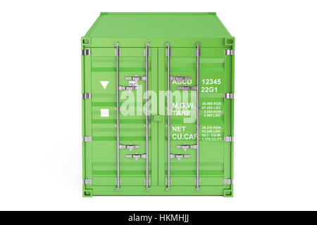 Green Cargo-Container, Vorderansicht. 3D-Rendering isoliert auf weißem Hintergrund Stockfoto