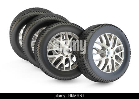 Satz von Auto Räder Closeup, 3D-Rendering isolierten auf weißen Hintergrund Stockfoto