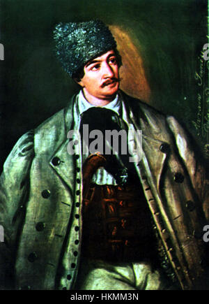 Avram Iancu ist in diesem historischen Gemälde als prominenter rumänischer Nationalheld aus dem 19. Jahrhundert dargestellt. Das Kunstwerk spiegelt seine Bedeutung in der rumänischen Geschichte während der revolutionären Bewegungen dieser Zeit wider. Stockfoto