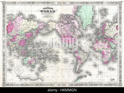 1865 Johnson Weltkarte am Mercator-Projektion - Geographicus - WorldMerc-Johnson-1865 Stockfoto