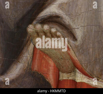 Arnau Bassas „Triptychon mit Madonna und Kind mit der Kreuzigung und der Verkündigung“ ist ein historisches Kunstwerk, das Szenen aus der christlichen Erzählung zeigt, einschließlich der Verkündigung und der Kreuzigung, mit einem Fokus auf lebendige religiöse Ikonographie aus dem späten Mittelalter. Stockfoto