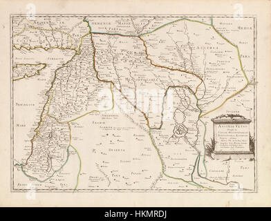 Die Karte „das antike Assyrien unterteilt in Syrien, Mesopotamien, Babylonien und Assyrien“ zeigt die alten geopolitischen Regionen Mesopotamiens. Es beleuchtet die historischen Teilungen und Gebiete, die das Assyrische Reich und seine umliegenden Regionen in der Antike bildeten. Stockfoto