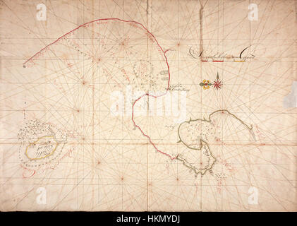 Diese historische Karte zeigt Table Bay und Hout Bay, zwei wichtige Küstengebiete in Kapstadt, Südafrika. Sie bietet einen detaillierten Überblick über die geografischen Merkmale und die umliegenden Gebiete und bietet Einblicke in die Seeschifffahrt und die Küstenkartographie. Stockfoto