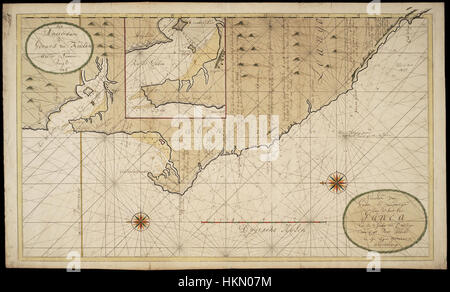 Diese Karte aus dem 18. Jahrhundert zeigt die Küsten von Gabun und Loango in Westafrika und hebt die geografischen Besonderheiten dieser Regionen hervor. Es dient als wichtiges historisches Dokument zum Verständnis der kartographischen Erkundung Afrikas. Stockfoto