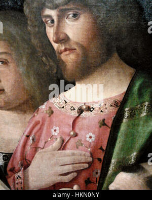 Das Detail aus Venezianos „Beweinung Christi“ fängt die emotionale Intensität des Todes Christi ein. Das Stück konzentriert sich auf die Figuren um Christus, die Trauer und Trauer zum Ausdruck bringen. Venezianos Verwendung von Farbe und Licht schafft eine düstere Atmosphäre und betont die religiösen Themen Opfer und Trauer in der christlichen Ikonographie. Stockfoto