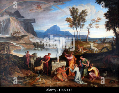 „Noahs Dankopfer“ von Koch, gemalt 1814, stellt die biblische Figur Noahs dar, die nach der Flut Opfer bringt. Dieses neoklassizistische Gemälde veranschaulicht die Kunst des Künstlers, religiöse Themen mit emotionaler Tiefe und historischer Präzision zu repräsentieren. Stockfoto
