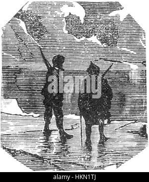 „The Field of Ice“ von Riou und Montaut zeigt eine arktische Erkundungsszene und zeigt die rauen und schwierigen Bedingungen, denen sich Entdecker in den Polarregionen gegenübersehen. Das Kunstwerk betont die riesigen Eisfelder und den Kampf um das Überleben. Stockfoto