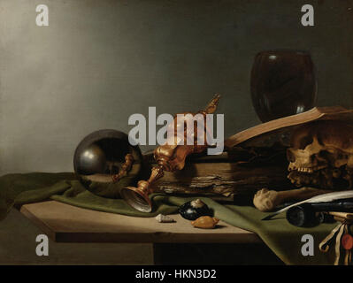 Dieses Stillleben-Gemälde, das Pieter Claeszoon zugeschrieben wird, veranschaulicht ein klassisches Vanitas-Thema, das in der niederländischen Kunst des 17. Jahrhunderts üblich ist. Das Gemälde enthält symbolische Objekte, die die Vergänglichkeit des Lebens darstellen, wie Schädel, Uhren und welkende Blumen, die auf die Sterblichkeit reflektieren. Stockfoto