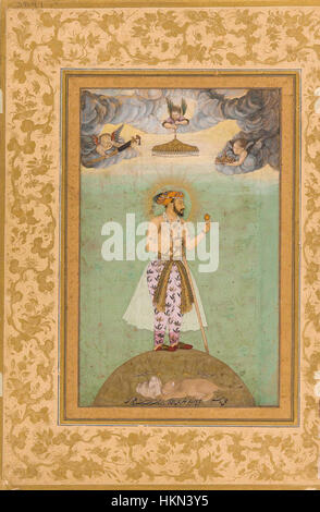 Dieses Kunstwerk aus dem Jahr 1629 zeigt Kaiser Shah Jahan, der auf einem Globus steht, eine eindrucksvolle visuelle Darstellung seiner Herrschaft über das Mogulreich. Das Gemälde ist ein ikonisches Mogul-Kunstwerk und befindet sich in der Freer and Sackler Gallery of Art in Washington, DC. Stockfoto
