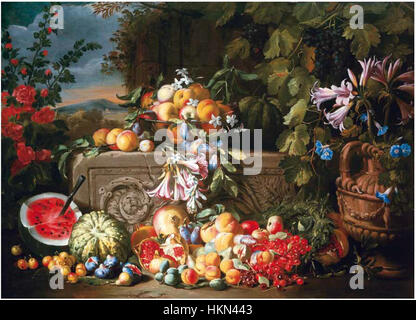 Abraham Brueghel - Stillleben mit einer Wassermelone, Kirschen, Pfirsiche, Aprikosen, Pflaumen, Granatäpfel und Feigen, mit Lilien, Rosen, Morning Glory und anderen Blumen auf einem Steinrelief acanthus Stockfoto