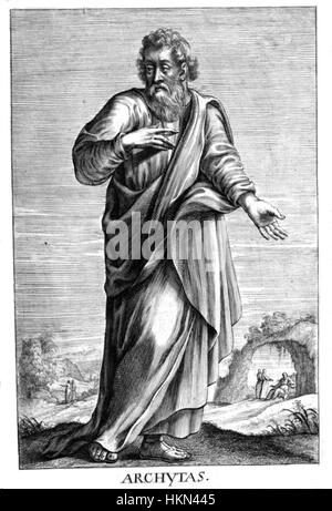 Archytas, der in Thomas Stanleys „Geschichte der Philosophie“ zu sehen war, war ein altgriechischer Philosoph, Mathematiker und Staatsmann. Seine Beiträge zur Philosophie und frühen Mathematik werden in diesem Werk erforscht, wobei er seinen Einfluss auf das pythagoreische Denken unterstreicht. Stockfoto