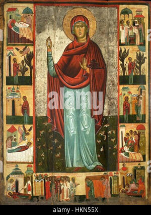 Das Kunstwerk stellt eine Darstellung von Paraskeva aus dem 15. Jahrhundert dar, einer heiligen im ostorthodoxen Christentum. Sie erfasst ihre religiöse Bedeutung und Ikonographie im Kontext der orthodoxen christlichen Kunst. Stockfoto