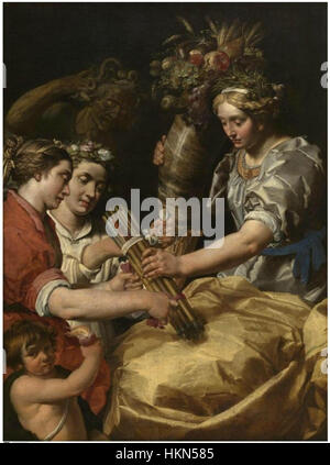Abraham Janssens Gemälde „Concord, Charity and Incerity Conquering Discord“ zeigt eine allegorische Szene, die Tugenden darstellt, die Konflikte überwinden. Das Kunstwerk verbindet klassischen Symbolismus mit Janssens Barockstil und konzentriert sich auf Harmonie und Auflösung angesichts der Unstimmigkeiten. Stockfoto