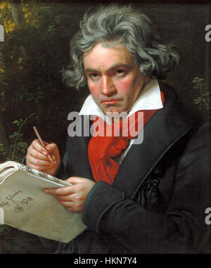 Dieses historische Porträt von Ludwig van Beethoven fängt die Intensität und Emotionen des Komponisten ein. Bekannt für seine dramatischen Kompositionen, ist Beethovens Bild ein Symbol für seine bahnbrechenden Beiträge zur klassischen Musik. Stockfoto