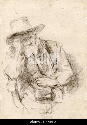 In diesem Rembrandt-Gemälde wird ein älterer Mann dargestellt, der mit einem Hut sitzt und ein Gefühl stiller würde ausstrahlt. Die Verwendung von Schatten und Licht unterstreicht die kontemplative Stimmung des Motivs und gibt Einblicke in die Beherrschung der menschlichen Emotionen durch den Künstler. Stockfoto