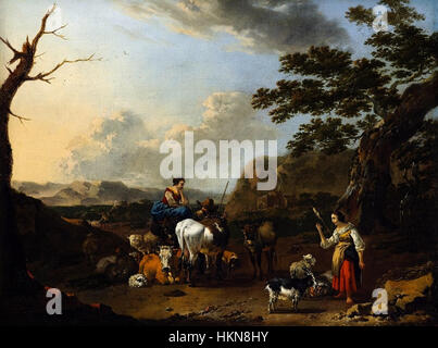 Jan Frans Soolmakers Gemälde „Southern bertainous Landscape with Shepherds“ zeigt eine Hirtenpastoralszene mit ihrer Herde und einer sich drehenden Frau, die einen Einblick in das ländliche Leben in der Vergangenheit bietet. Stockfoto