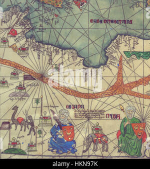 Dieser Abschnitt des katalanischen Atlas von Abraham und Jehuda Cresques zeigt eine detaillierte Karte Osteuropas von Süden aus. Der atlas aus dem 14. Jahrhundert bietet entscheidende kartographische Einblicke in das geographische Verständnis der Zeit. Stockfoto