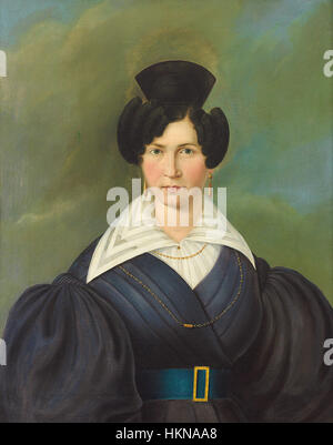 Dieses Porträt aus dem Jahr 1830 zeigt eine Dame in historischer Kleidung, die den künstlerischen Stil dieser Zeit zeigt. Das Werk betont feine Details und ist in Öl auf Leinwand gestaltet. Das Gemälde ist Teil einer Sammlung von alten Kunstwerken, die in Galerien und Museen ausgestellt werden und die Mode und gesellschaftlichen Normen des frühen 19. Jahrhunderts widerspiegeln. Stockfoto