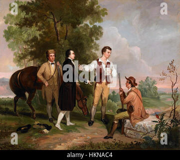 Dieses Ölgemälde von Asher Brown Durand zeigt die historische Gefangennahme von Major John André, einem Offizier der britischen Armee während der Amerikanischen Revolution. Der dramatische Moment wird in lebendigen Details festgehalten und unterstreicht die Spannung und Bedeutung von Andrés Gefangennahme durch die amerikanischen Streitkräfte. Stockfoto