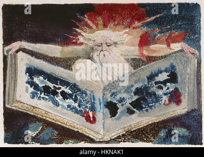 Dieses Bild zeigt Platte 5 aus William Blakes „The First Book of Urizen“. Dieses Werk ist ein Schlüsselbeispiel für Blakes symbolische Kunst und veranschaulicht Themen der Mythologie und der menschlichen Situation. Der Druck ist Teil von Blakes Gravurserie, die Poesie und bildende Kunst verbindet, um philosophische Ideen zu vermitteln. Stockfoto