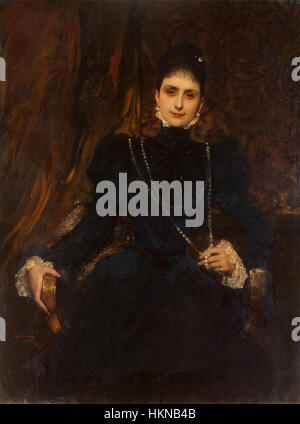 Dieses Porträt von Jean Benjamin-Constant zeigt Madame M. S. Derviz, eine elegante Darstellung des französischen Adels aus dem späten 19. Jahrhundert. Das detailreiche Ölgemälde fängt den Stil und die Mode der Epoche ein und spiegelt die Meisterschaft des Künstlers in der Porträtkunst wider. Stockfoto