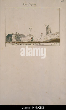 Dieses Kunstwerk von Atlas Schoemaker zeigt die Region Noord-Holland, insbesondere Huisduinen. Das Gemälde zeigt die ländliche Landschaft und die historischen Merkmale dieser Gegend in den Niederlanden. Stockfoto