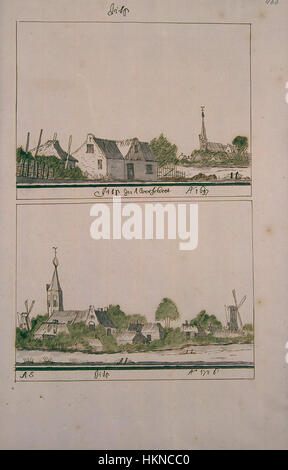 Dieses Kunstwerk mit dem Titel *Atlas Schoemaker - West Friesland Deel 2* zeigt die historische Region *Noord-Holland*, insbesondere das Dorf *Jisp*. Das Stück bietet einen Einblick in die Landschaft und das tägliche Leben dieser Region während der Zeit ihrer Entstehung und spiegelt ihren ländlichen Charakter und ihr landwirtschaftliches Erbe wider. Stockfoto