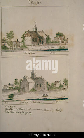 Dieses Kunstwerk mit dem Titel „Atlas Schoemaker“ zeigt Szenen aus Mijzen in Noord-Holland, einem Teil der Region Westfriesland. Das Stück ist Teil eines historischen atlas, der die ländliche Landschaft und das landwirtschaftliche Leben der Niederlande des 18. Jahrhunderts erfasst. Stockfoto