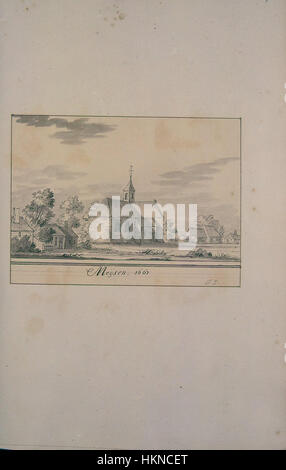 Dieses Gemälde von Atlas Schoemaker zeigt die ländliche Landschaft von Mijzen, einem Dorf in Noord-Holland, und zeigt die Schönheit der niederländischen Landschaft im 18. Jahrhundert. Die detailreiche Szene betont das Bauernleben und die traditionelle Architektur der Region. Stockfoto