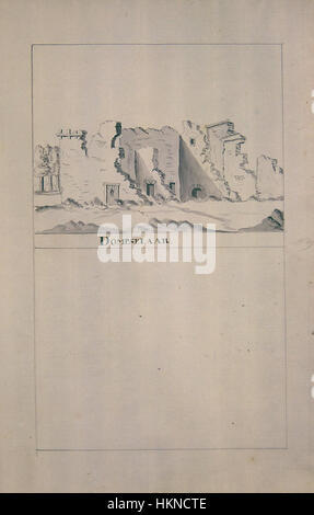 Dieses Gemälde von Atlas Schoemaker mit dem Titel „Kastelen“ zeigt eine detaillierte Ansicht der Burgen in Dompselaar. Das Kunstwerk veranschaulicht die Meisterschaft des Künstlers in der historischen Architektur und Landschaftsmalerei und fängt die Pracht europäischer Burgen aus der Vergangenheit ein. Stockfoto