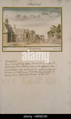 Diese Karte aus dem Atlas Schoemaker zeigt Schagerburg in der Region Noord-Holland und zeigt detaillierte geographische und topografische Merkmale, die typisch für die niederländische Kartographie der frühen Neuzeit sind. Stockfoto