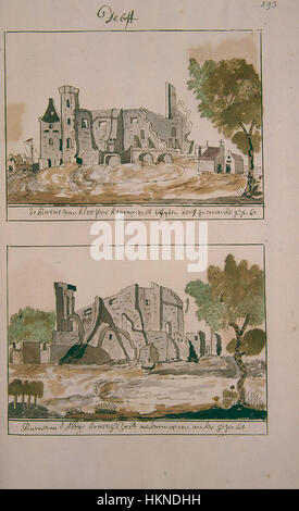 Diese Karte aus dem 16. Jahrhundert zeigt die Region Zuid-Holland, einschließlich der Stadt Delft, mit einem Schwerpunkt auf der Geographie und den Wahrzeichen der Gegend während der Renaissance. Stockfoto