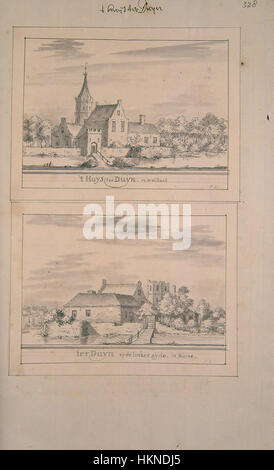 Ein historisches Kunstwerk mit dem Titel 't Huijs ter Duijn aus der Atlas Schoemaker-Serie, das 1582 die Region Zuid-Holland darstellt und die architektonischen und kulturellen Wahrzeichen der Zeit veranschaulicht. Stockfoto