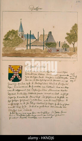 Das Werk Atlas Schoemaker aus dem Jahr 1583 zeigt die Region Zuid-Holland, insbesondere Dussen. Das Gemälde bietet einen historischen Blick auf die Gegend während des späten 16. Jahrhunderts und erfasst die kulturellen und geografischen Aspekte der Zeit. Stockfoto