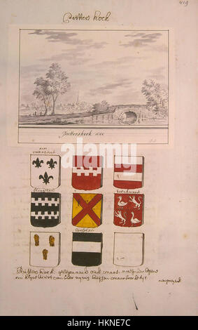 Dieses Kunstwerk mit dem Titel „Atlas Schoemaker-ZUIDHOLLAND-DEEL4-2163“ ist eine detaillierte Karte aus dem 17. Jahrhundert, die die Region Zuid-Holland, insbesondere die Gegend um Puttershoek, zeigt. Es spiegelt die Präzision und Handwerkskunst der frühen Kartographie wider und hebt die geographischen Merkmale und Siedlungen der Zeit hervor. Stockfoto