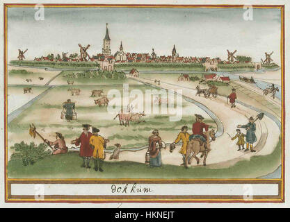 Eine historische Karte aus dem Jahr 1283, erstellt von Schoemaker, die die Region Friesland mit Schwerpunkt Dokkum zeigt. Die Abbildung zeigt die Topographie und Siedlung des Gebiets. Stockfoto