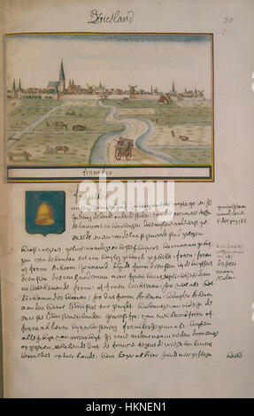 Dieses Gemälde von Atlas Schoemaker zeigt Friesland, insbesondere die Franeker Region, und erfasst seine Landschaften und historische Architektur im Vintage-Stil. Das Werk spiegelt die detaillierte künstlerische Darstellung des Gebietes während dieser Zeit wider. Stockfoto