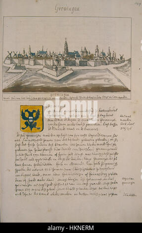 Dieses Kunstwerk mit dem Titel „Atlas Schoemaker-GRONINGEN-2757“ zeigt eine historische Interpretation von Groningen. Das Stück betont die reiche Kultur und Geschichte der Stadt durch einen detaillierten künstlerischen Ansatz, der Wahrzeichen und Schlüsselelemente aus der Vergangenheit der Region veranschaulicht. Stockfoto