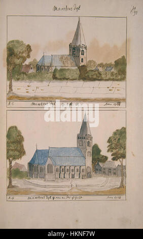 Dieses Kunstwerk von Atlas Schoemaker zeigt die Region Utrecht, insbesondere Maartensdijk. Das Gemälde fängt die Landschaft und die architektonischen Elemente der Gegend ein und zeigt das niederländische ländliche Leben im frühen 19. Jahrhundert. Stockfoto