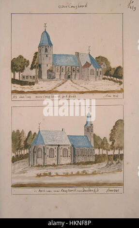 Dieses Gemälde von Atlas Schoemaker zeigt die Stadt Utrecht und die Umgebung von Overlangbroek. Das Kunstwerk fängt die Landschaft, die Architektur und den Alltag in der Region während des 19. Jahrhunderts ein. Stockfoto