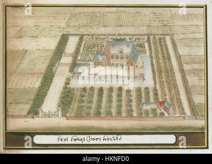 Dieses Kunstwerk von Schoemaker zeigt eine detaillierte und historische Szene aus der Region Zeeland, insbesondere Goes, und hebt die lokale Architektur, Geschichte und kulturelle Landschaft aus einer Vintage-Perspektive hervor. Stockfoto