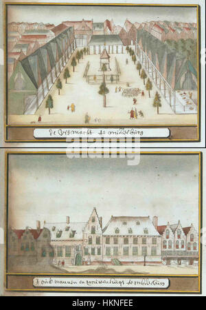 Das Kunstwerk von Atlas Schoemaker stellt die historischen Städte Zeeland und Middelburg dar und erfasst ihre architektonischen und kulturellen Landschaften aus einer früheren Zeit. Stockfoto