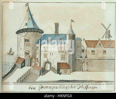 Ein Kunstwerk mit dem Titel „Atlas Schoemaker-ZEELAND-1193R“ aus Zeeland, das eine Szene in Vlissingen darstellt. Das Gemälde zeigt die Aufmerksamkeit des Künstlers auf die historische Genauigkeit und regionale Bedeutung des maritimen Erbes Zeelands. Stockfoto