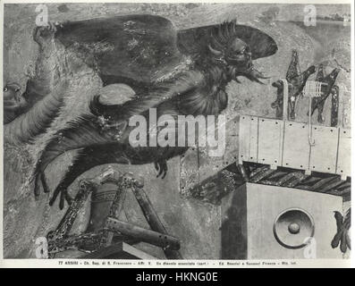 Giottos „Cacciata dei Diavoli“ (Vertreibung der Teufel) zeigt eine dramatische religiöse Szene, die Themen von gut versus Böse in einem lebendigen mittelalterlichen Stil veranschaulicht. Das Werk spiegelt Giottos Verwendung von Emotionen und Perspektiven in der italienischen Malerei des 14. Jahrhunderts wider. Stockfoto