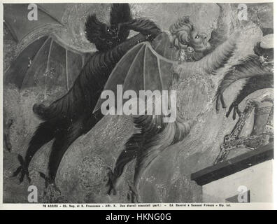 Dieses Stück, das dem berühmten italienischen Künstler Giotto zugeschrieben wird, zeigt die ikonische Szene der Vertreibung von Dämonen. Giottos Werk ist bekannt für seine revolutionäre Herangehensweise an die mittelalterliche Kunst und wird für seine emotionale Intensität und erzählerische Klarheit gefeiert, was einen bedeutenden Moment in der religiösen Kunst darstellt. Stockfoto