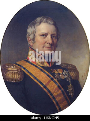 Dieses Porträt von Hendrik Merkus Baron de Kock aus dem Jahr 1854 zeigt ihn in vollständigen militärischen Insignien. Das Gemälde unterstreicht seinen Status als prominente Persönlichkeit in der niederländischen Militärgeschichte und zeigt die Liebe zum Detail in der Porträtkunst des 19. Jahrhunderts. Stockfoto