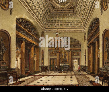 Dieses Gemälde von Charles Wild aus dem Jahr 1819 zeigt die große Eingangshalle des Carlton House. Das Werk hebt die architektonische Schönheit und Pracht der königlichen Residenz hervor und fängt die Innenarchitektur und die königliche Atmosphäre ein. Stockfoto