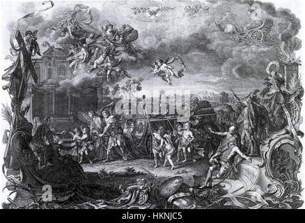 Dieses große historische Gemälde „die Apotheose Ludwigs II. Von Ungarn“ von Baumgartner zeigt die posthume Vergöttlichung des ungarischen Königs Ludwig II. Nach seinem Tod in der Schlacht. Das Gemälde stellt ihn als Heldenfigur dar, die sein Martyrium und den Nationalstolz Ungarns feiert. Stockfoto