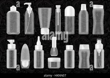 Leere Kosmetik Paketsammlung auf schwarzem ornamentalen Hintergrund isoliert. Satz von transparentem Schlauch für Creme, Shampoo, Lotion, Emulsion, Deodorant, sk Stock Vektor